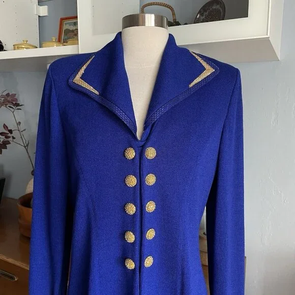 ST JOHN Evening Size 8 Royal Blue Santana Knit Blazer Jacket Removable Collar - Picture 2 of 11